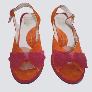 John Fluevog Pinup Wedge Heeled Slingback Suede Sandals on Orange and Pink
